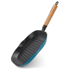 Сковорода-гриль FISSMAN 28x3см квадратная с деревянной  ручкой (эмалированный чугун) (h)